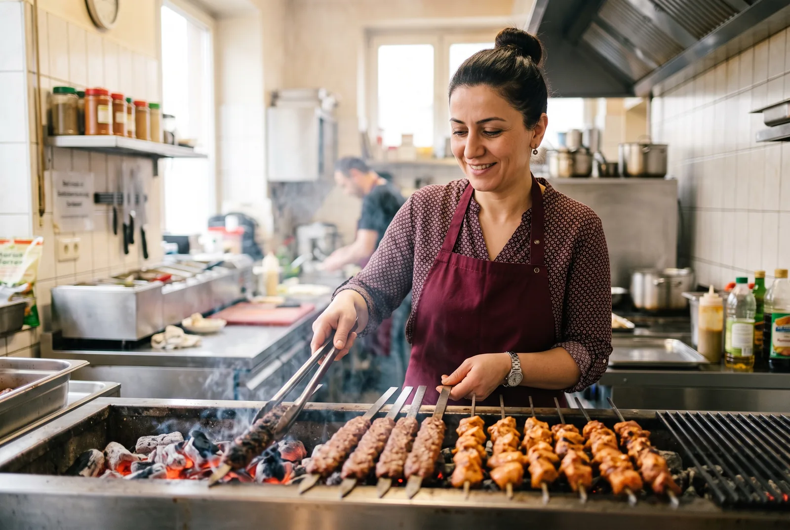 DöLaPi Mitarbeiterin grillt Spieße am Holzkohlegrill in Ingolstadt